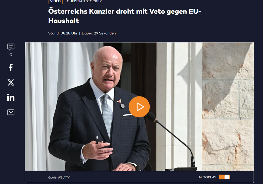 Bundeskanzler Christian Stocker: Die Höhe des EU-Budgets hat eine Schmerzgrenze erreicht. Bild: Screenshot "Die Welt"